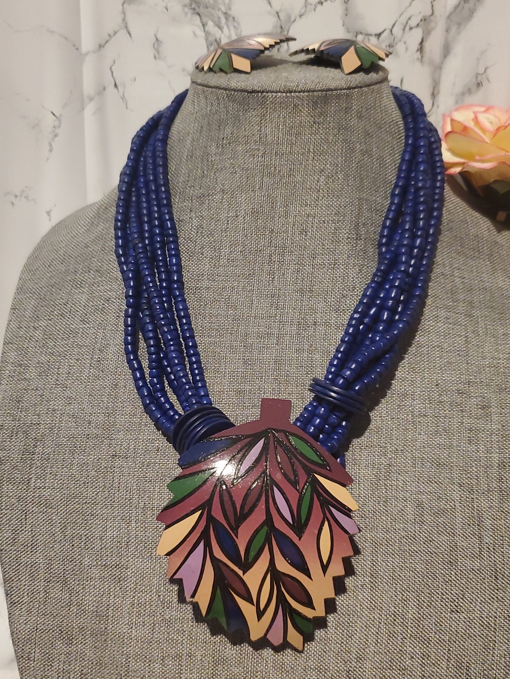 Wooden Beaded Necklace And Earrings